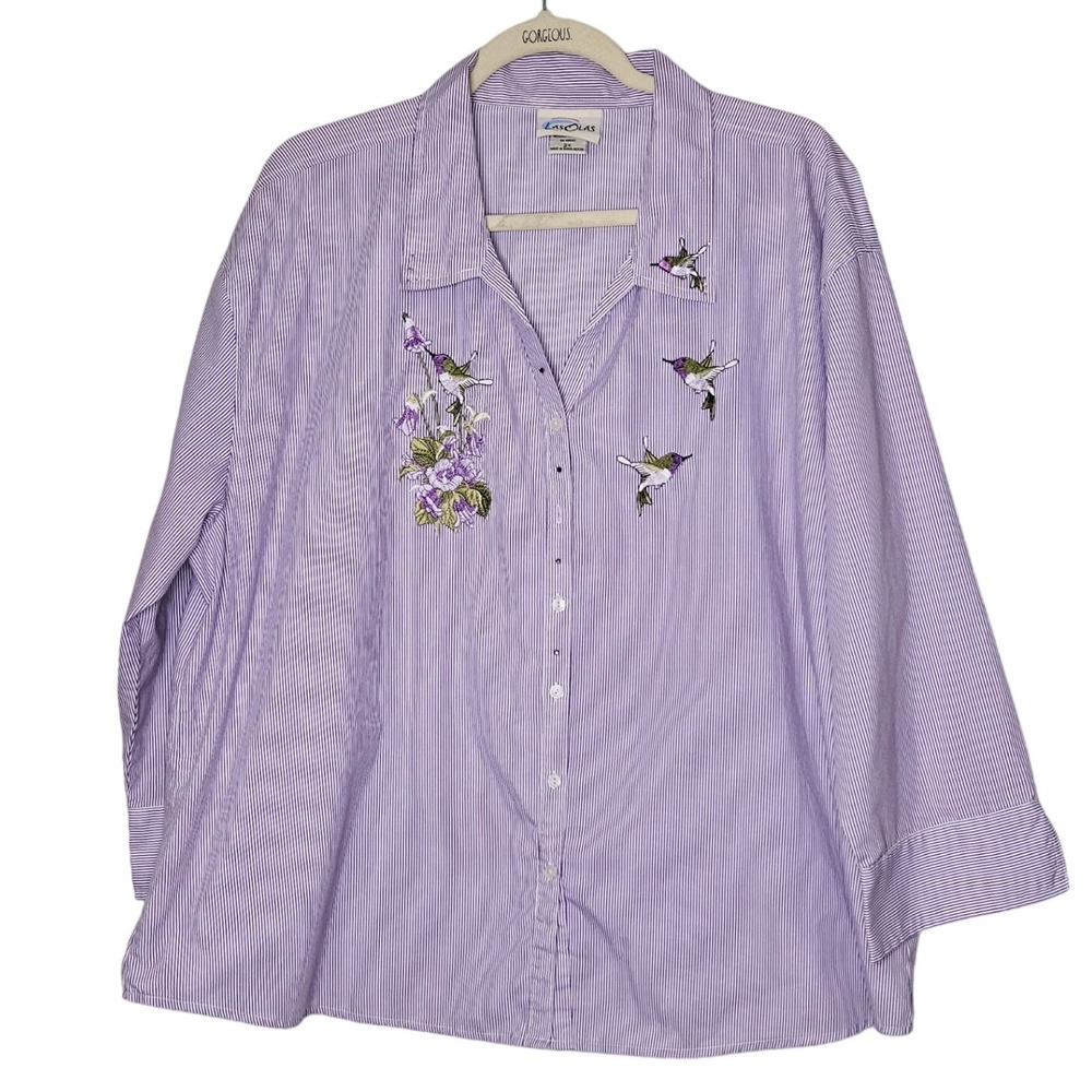 Las Olas 2X Purple Striped Embroidered Hummingbird Button‎ Down Shirt Blouse